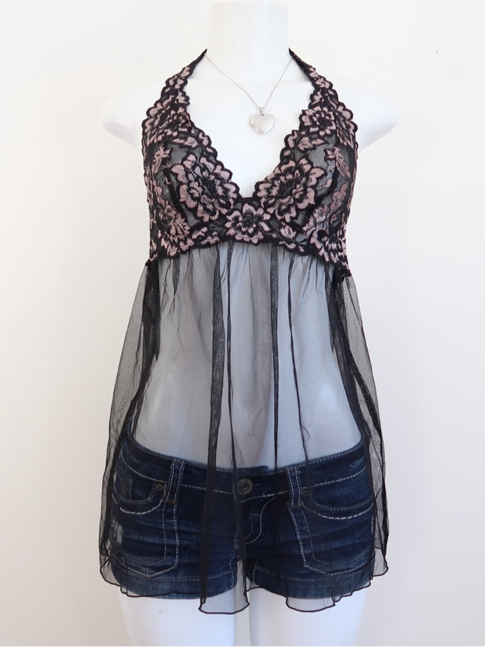 Victoria's Secret Black Sheer Lace Halter Babydoll with Pink Embroidery